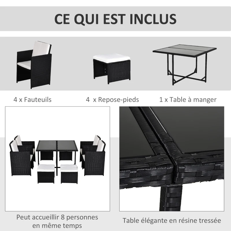 Outsunny Ensemble Salon de Jardin encastrable 8 Personnes 9 pièces résine tressée 4 Fils Imitation rotin Noir Coussins déhoussables crème