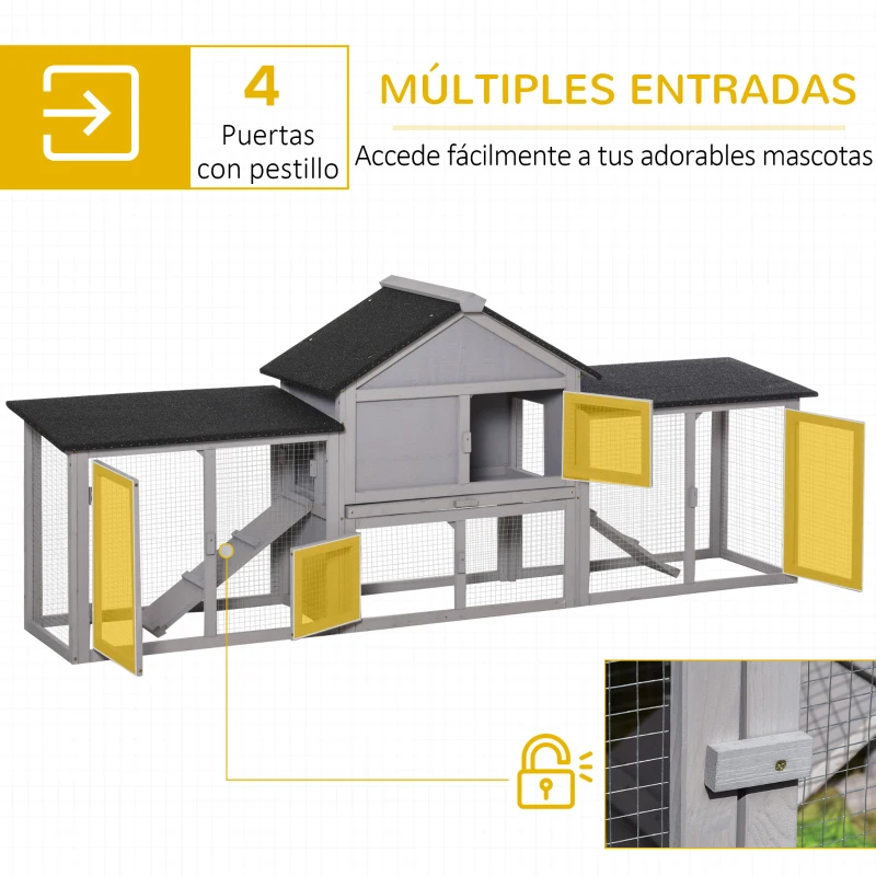 PawHut Conejera de Exterior Grande Jaula de Madera para 2-4 Conejos con Techo Asfáltico Recinto de Alambre Bandeja Extraíble y Rampas 210x45,5x84,5 cm Gris y Negro