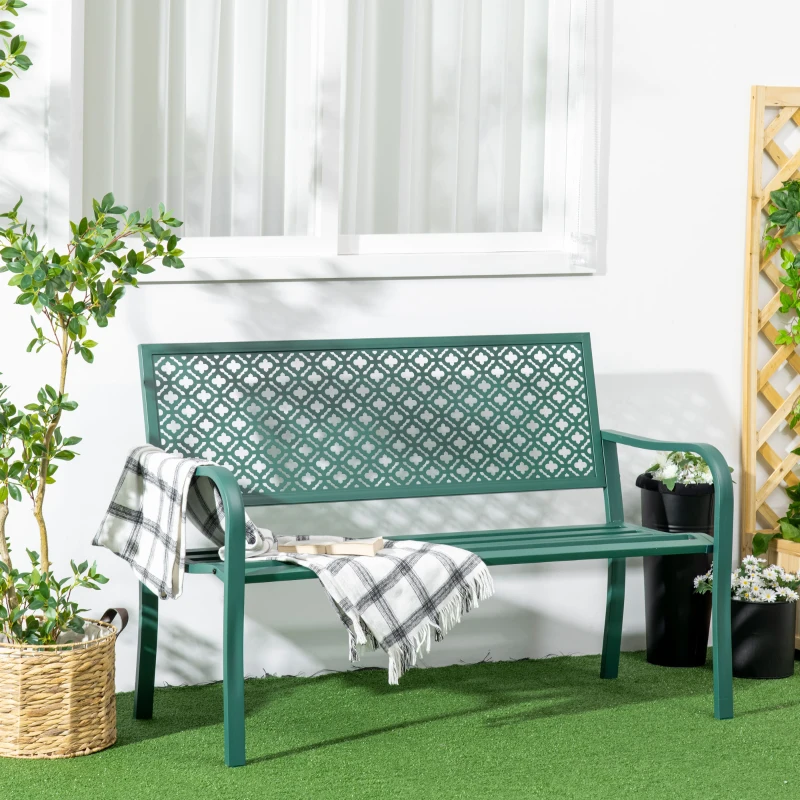 Outsunny Banc de jardin banc extérieur jardin en acier avec dossier à motif floral pour 2 personnes 127 x 63 x 83 cm vert foncé