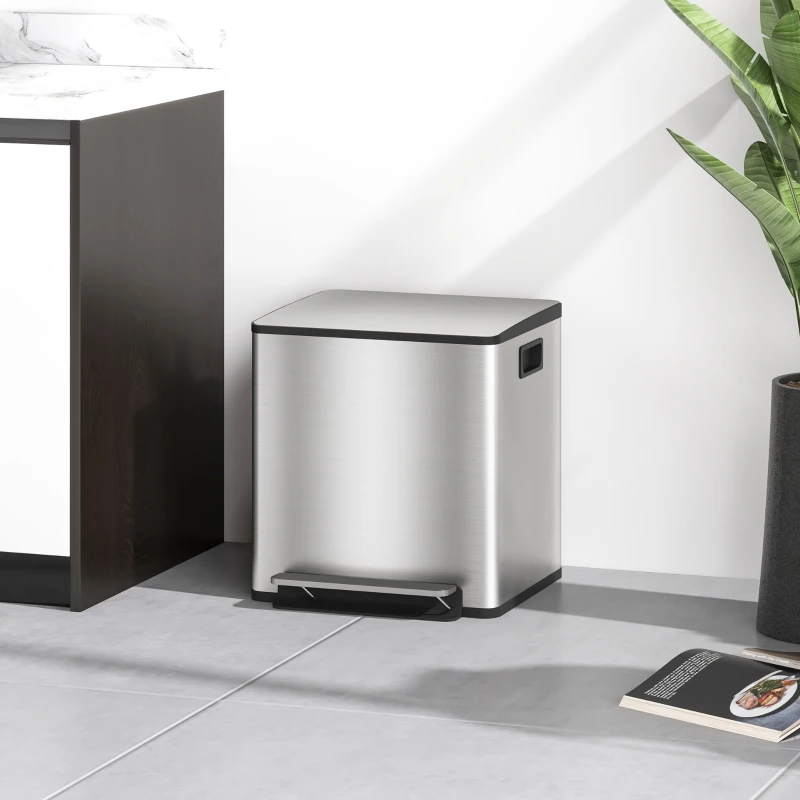 HOMCOM Bidone Immondizia a 2 Sezioni da 15L a Pedale con Coperchio Silenzioso, in Acciaio Inox e PP, 41.8x36.7x44 cm