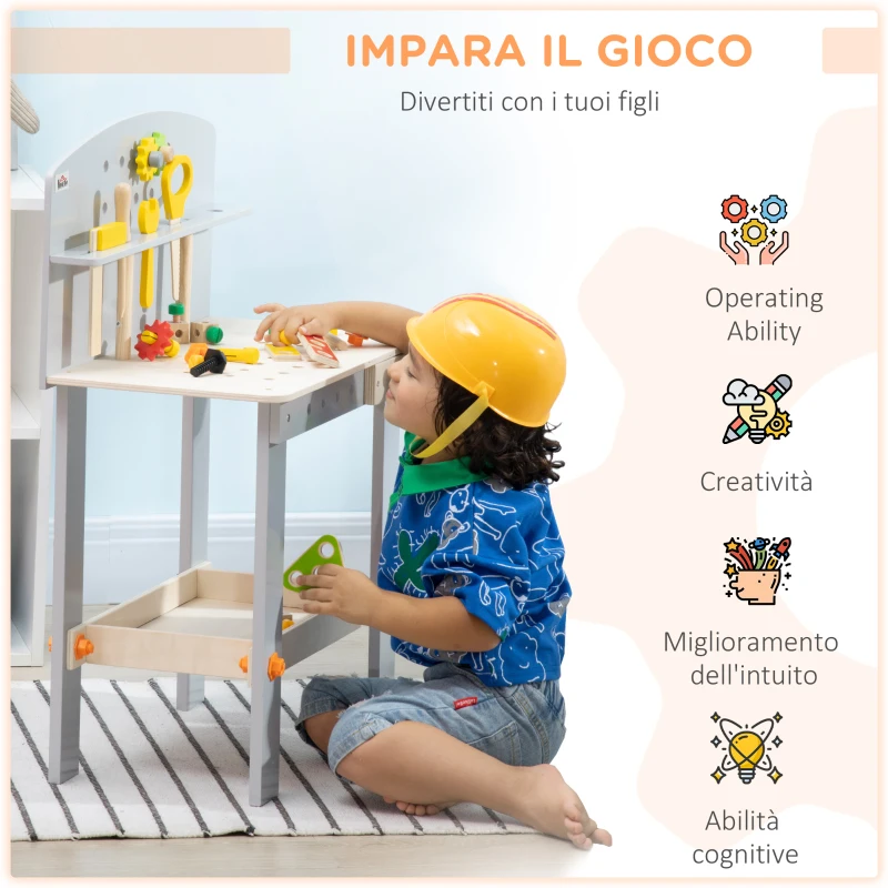 HOMCOM Banco da Lavoro Giocattolo in Legno con 31 Accessori per Bambini da 3-6 Anni, 53x31x77cm
