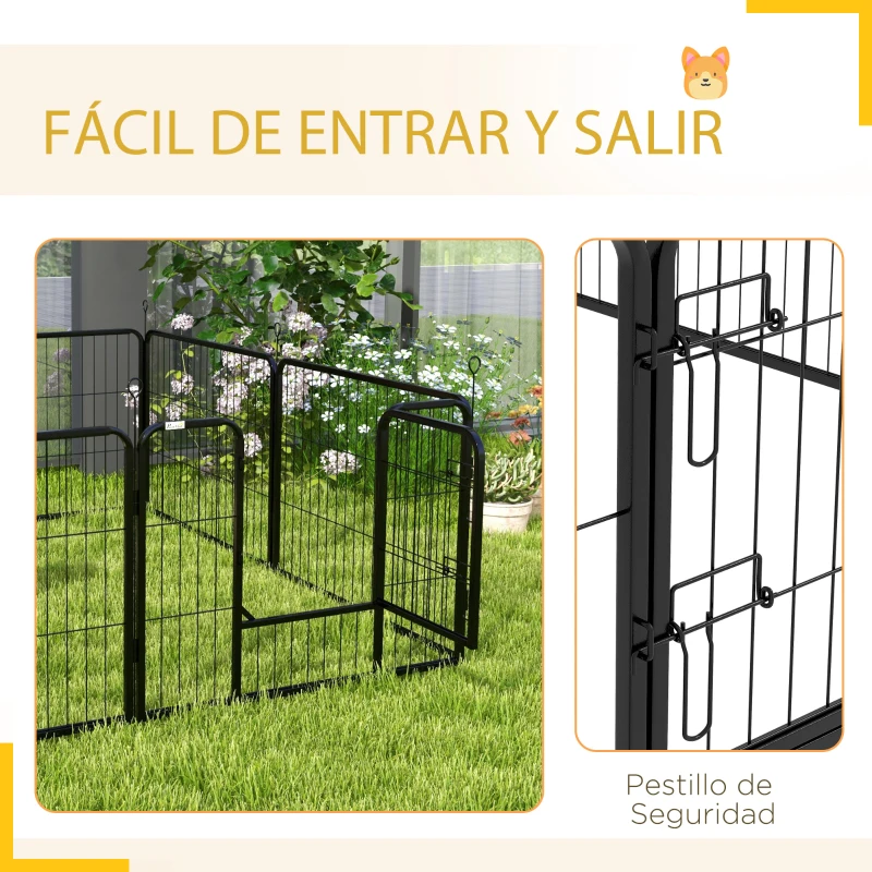 PawHut Corralito para Perros de 8 Paneles 80x60 cm con Forma Personalizable Puerta Marco de Acero y 8 Anclajes de Tierra Negro