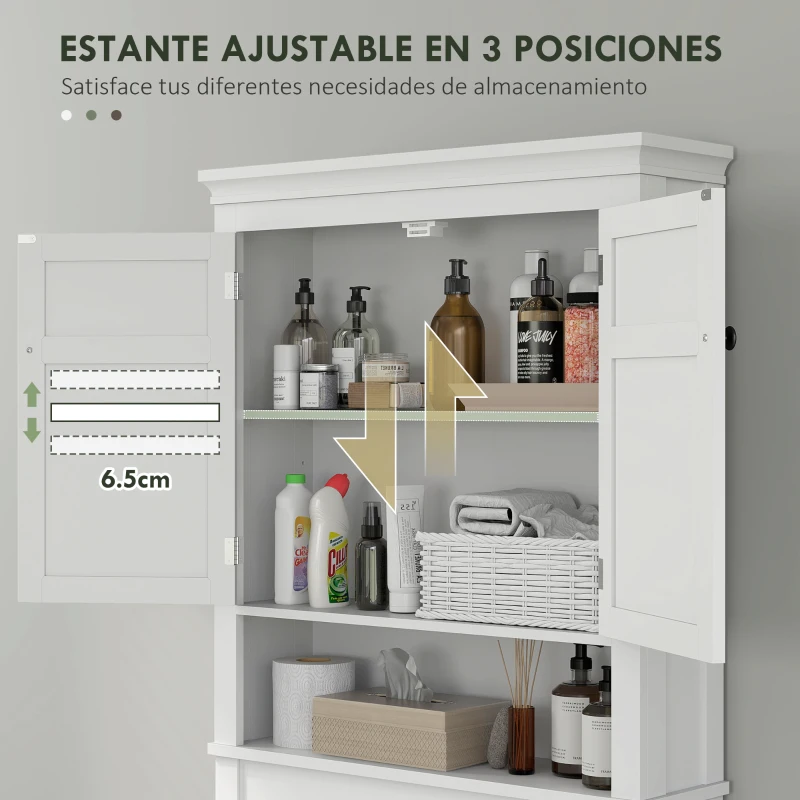 HOMCOM Mueble sobre Inodoro con 2 Puertas Compartimiento y Estante Ajustable Mueble para Baño 70x20x175 cm Blanco