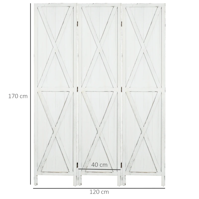 HOMCOM Paravent séparateur de pièce cloison intérieur pliable 3 panneaux en bois dim.120 x 170 cm blanc vieilli