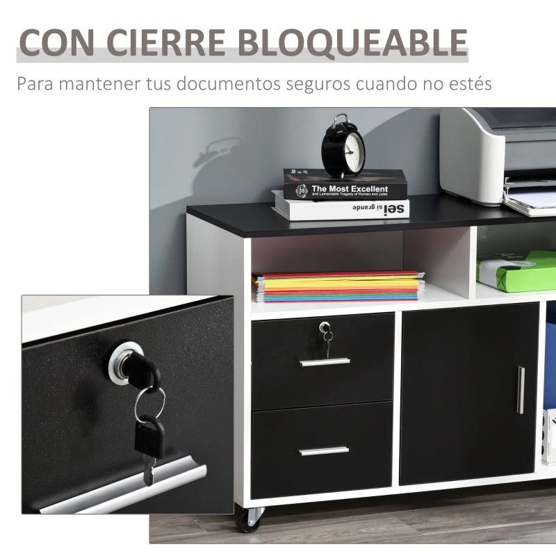 HOMCOM Mueble Auxiliar de Oficina Mueble Archivador con Ruedas Estantes y Cajones Armario Multiusos con Gran Almacenaje 100x35x65 cm Negro y Blanco