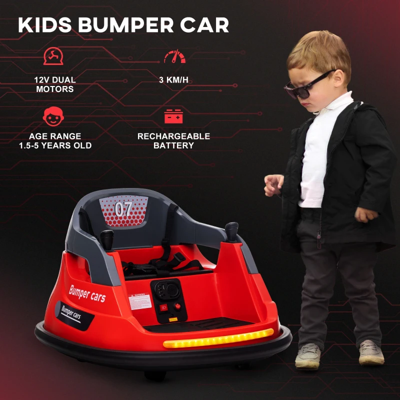 HOMCOM Bumper Car, 360° Rotation Spin 12V Kids Electric Car with Lights, Music, for Ages 1.5-5 Years - Red