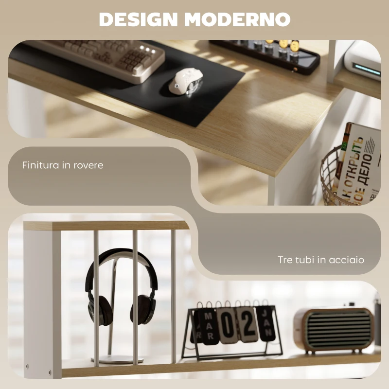 HOMCOM Scrivania Moderna per PC con Libreria, Scaffale e Porta CPU, 113x45x138.5 cm, Rovere