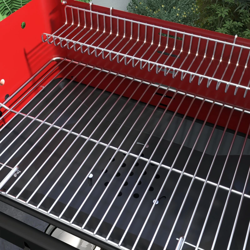Outsunny Barbacoa de Carbón con Ruedas Parrilla Ajustable en Altura Estantes y 6 Ganchos 103x47x95 cm Rojo y Negro