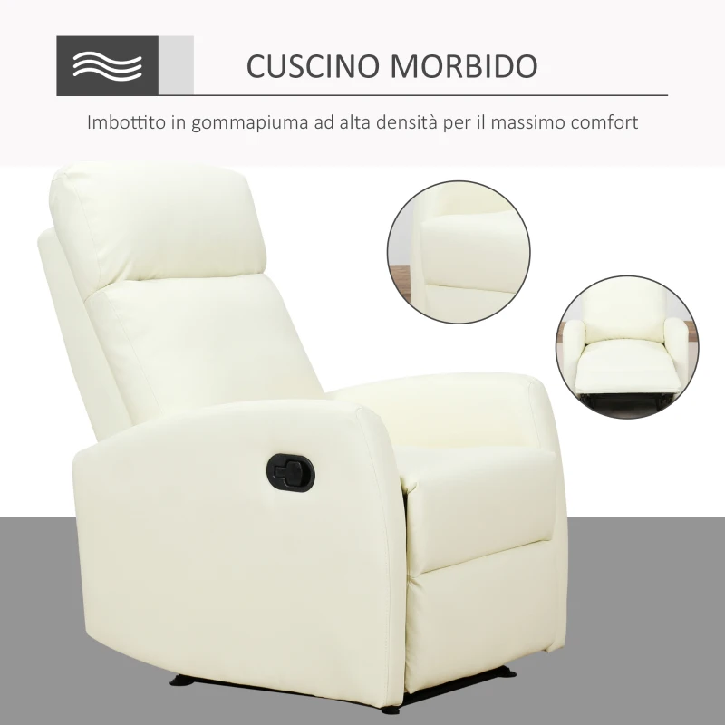 HOMCOM Poltrona Relax Reclinabile 165° con Poggiapiedi Regolabile Ergonomica in pelle PU, 65 × 92 × 100cm Crema