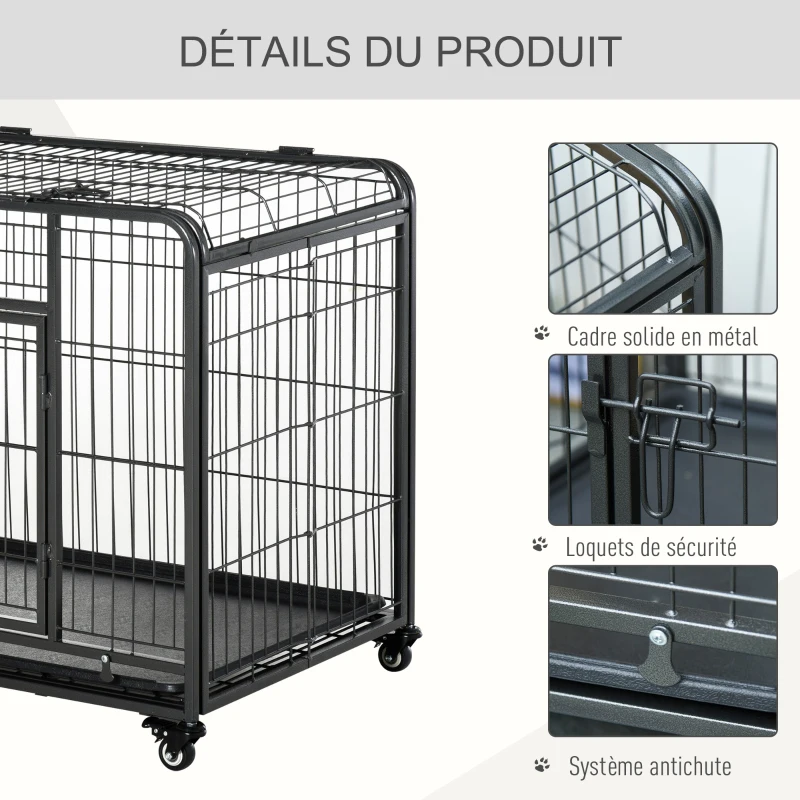PawHut Cage pour chien pliable cage de transport sur roulettes 2 portes verrouillables plateau amovible dim. 109,5L x 71l x 78H cm métal gris foncé