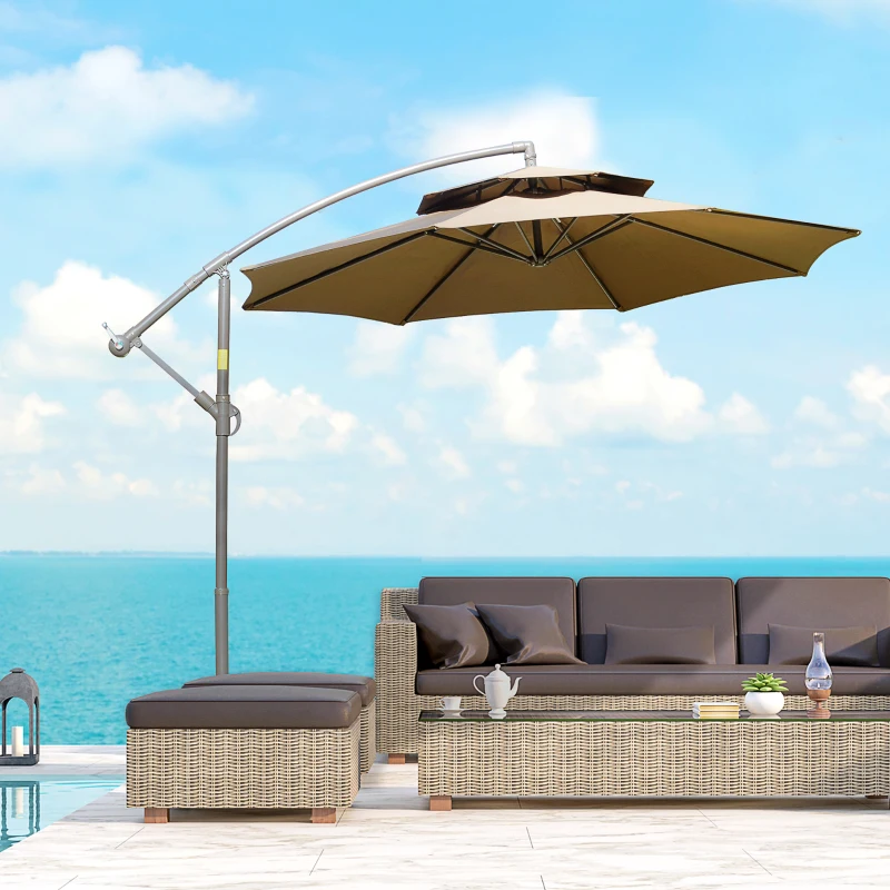 Outsunny Parasol déporté octogonal double toit inclinable manivelle avec pied en croix acier polyester Ø 2,67 x 2,65H m marron