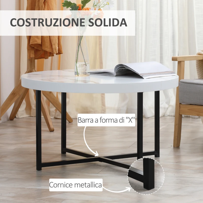 HOMCOM Tavolino da Caffè Rotondo con Piano Effetto Marmo in MDF e Gambe in Metallo, Φ80x45 cm, Bianco