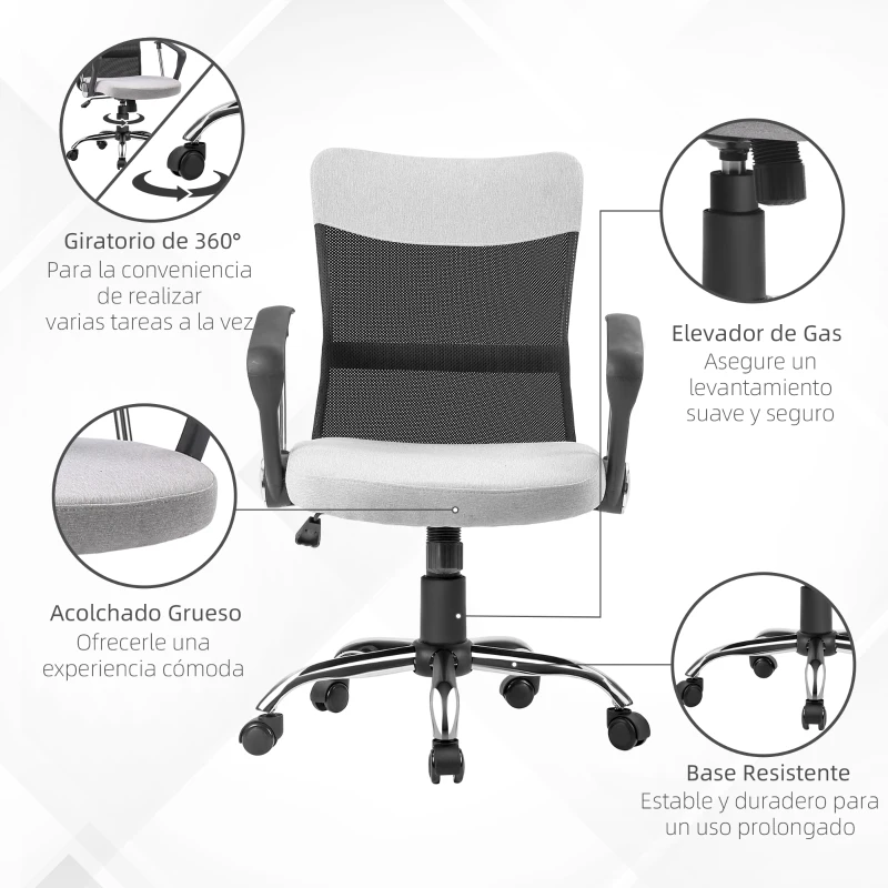 Vinsetto Silla de Oficina Ergonómica Silla de Escritorio Basculante y Giratoria con Altura Ajustable del Asiento Reposabrazos y Ruedas 60x66x91-101 cm Gris
