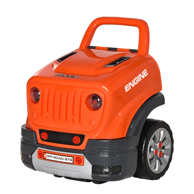 HOMCOM Officina Camion Giocattolo per Bambini 3-5 Anni con Motore, Ruote e Maniglia, 61 Accessori, 40x39x47cm, Arancione