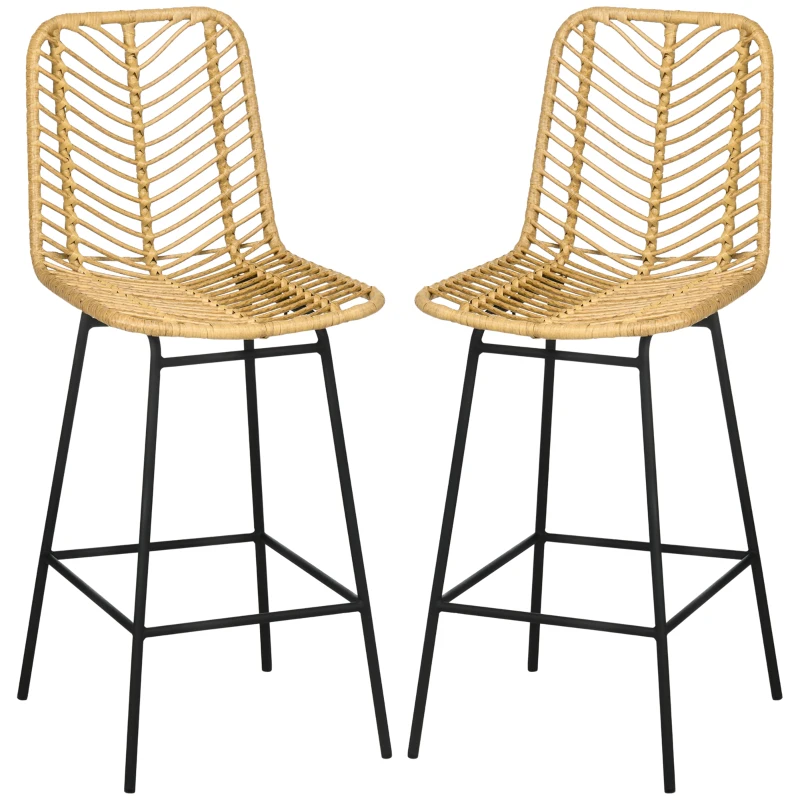 HOMCOM Lot de 2 tabourets de bar design bohème Hauteur 66 cm avec repose-pieds métal et rotin PE - naturel