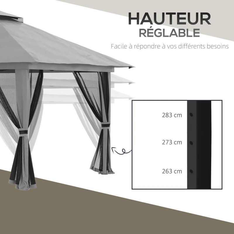 Outsunny Tonnelle barnum de jardin pop-up pliant double toit protection UV 50+ avec 4 moustiquaires zippées 4 x 4 m gris