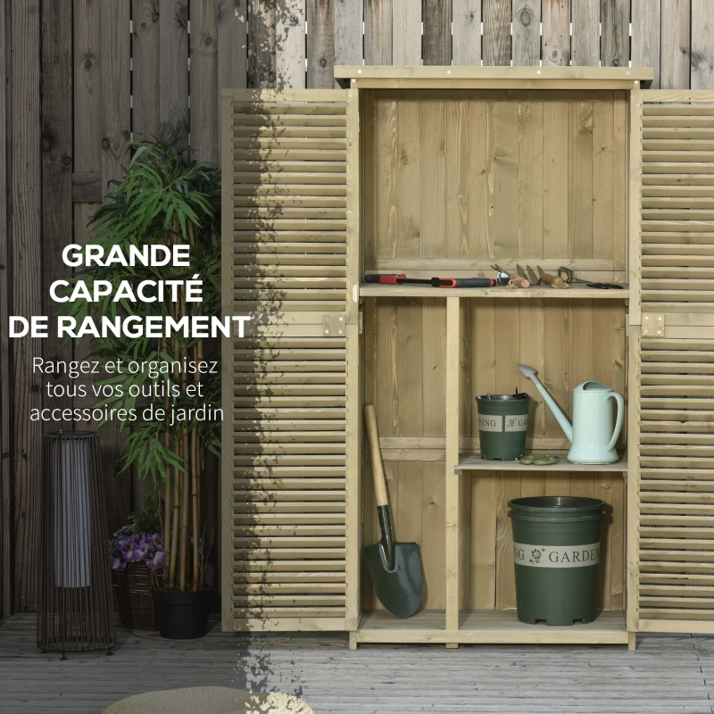 Outsunny Armoire de Jardin abri Jardin Remise pour Outils sur Pied dim. 87L x 47l x 160H cm 2 étagères Portes persiennes Toit bitumé étanche Bois pin Autoclave sable