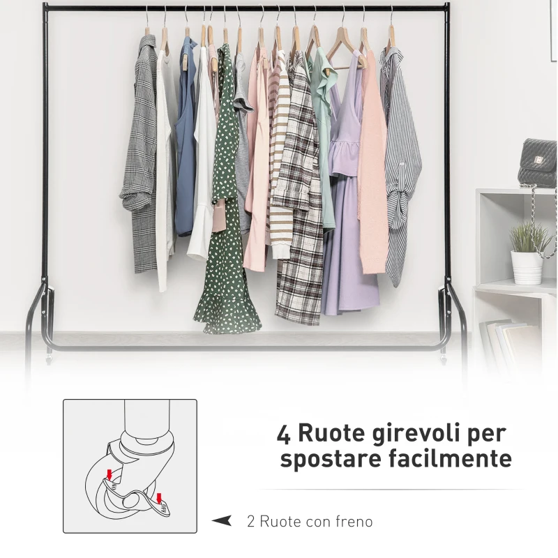 HOMCOM Rella Appendiabiti Attaccapanni in Metallo, Stand per Vestiti con Rotelle, Nero, 120x60x170cm