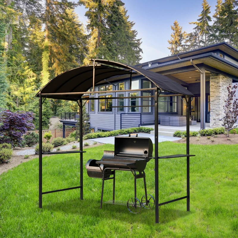 Outsunny Metal Smoking Gazebo Marquee Garden Patio BBQ Tent Grill Canopy Awning Shelter - Coffee