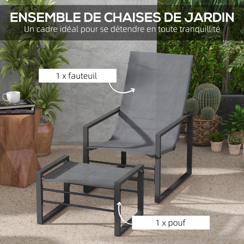 Outsunny Ensemble fauteuil relax de jardin avec repose-pieds, chaise longue, structure métal et tissu mesh aéré - gris