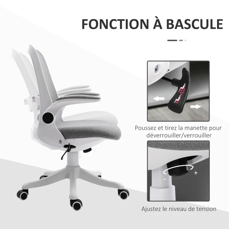 Vinsetto Chaise de bureau fauteuil de bureau tissu lin hauteur réglable pivotante 360° accoudoirs relevables support lombaires réglable gris