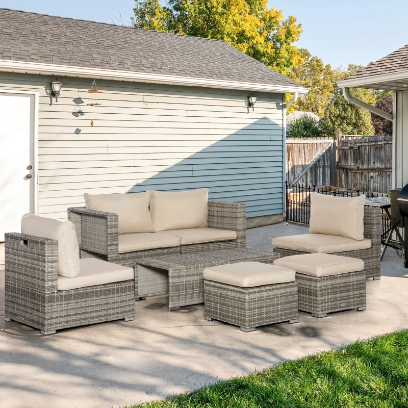 Outsunny Salotto da Giardino in Rattan PE da 8 Pezzi con Poltrone, Tavolini e Sgabelli, Beige