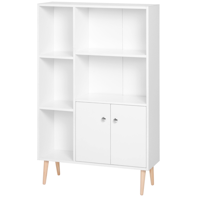HOMCOM Sideboard Storage Cabinet Cupboard, Open Bookcase with 2 Doors 5 Compartments Wooden Modern Style for Living Room Bedroom Kitchen 80 x 23 x 123 cm, White