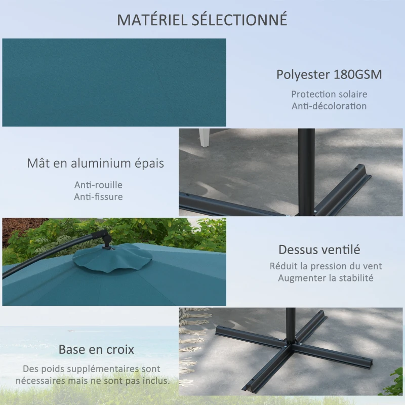 Outsunny Parasol déporté octogonal inclinable Ø2,93 x 2,60 m avec manivelle protection UV pour balcon patio terrasse bleu