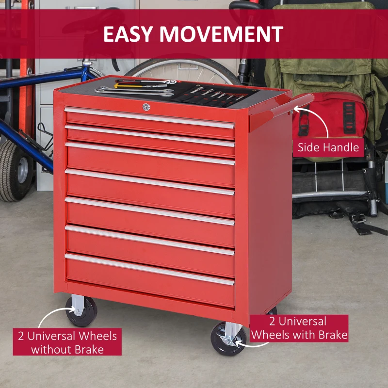 DURHAND 7-Drawer Tool Box on Wheels Tool Cabinet 150 Load with Lockable Swivel Castors, Red