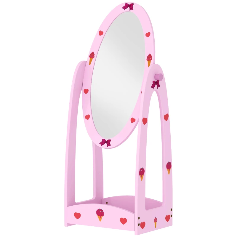 AIYAPLAY Kids Full Length Mirror, 360° Rotating Children Standing Mirror with Storage Shelf, Pink