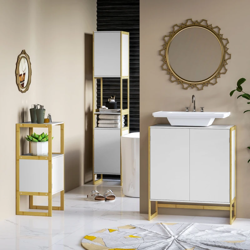 HOMCOM Meuble colonne de salle de bain avec 2 niches et 2 placards étagère réglable, bambou et MDF 33L x 33l x 170H cm blanc