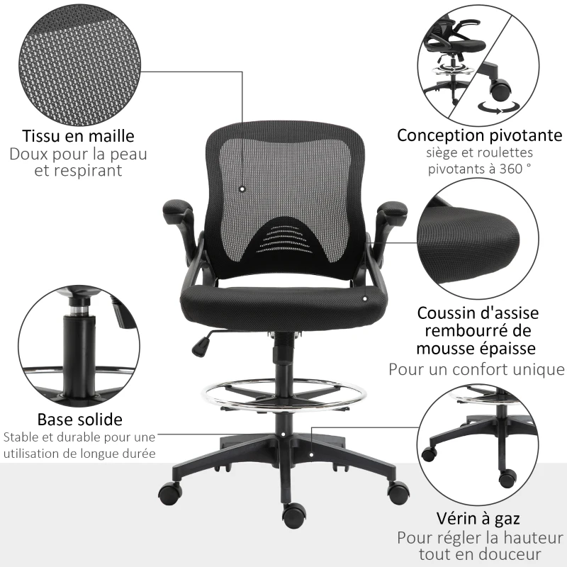 Vinsetto Chaise bureau ergonomique, fauteuil de bureau avec repose-pieds, chaise de dessin à dossier en maille, hauteur réglable, accoudoirs, assise rembourrée et pivotante 360°, noir