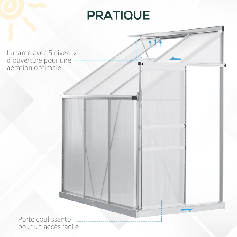 Outsunny Serre de jardin adossée aluminium polycarbonate 2,4 m² dim. 192L x 127l x 214H cm avec fenêtre et porte coulissante