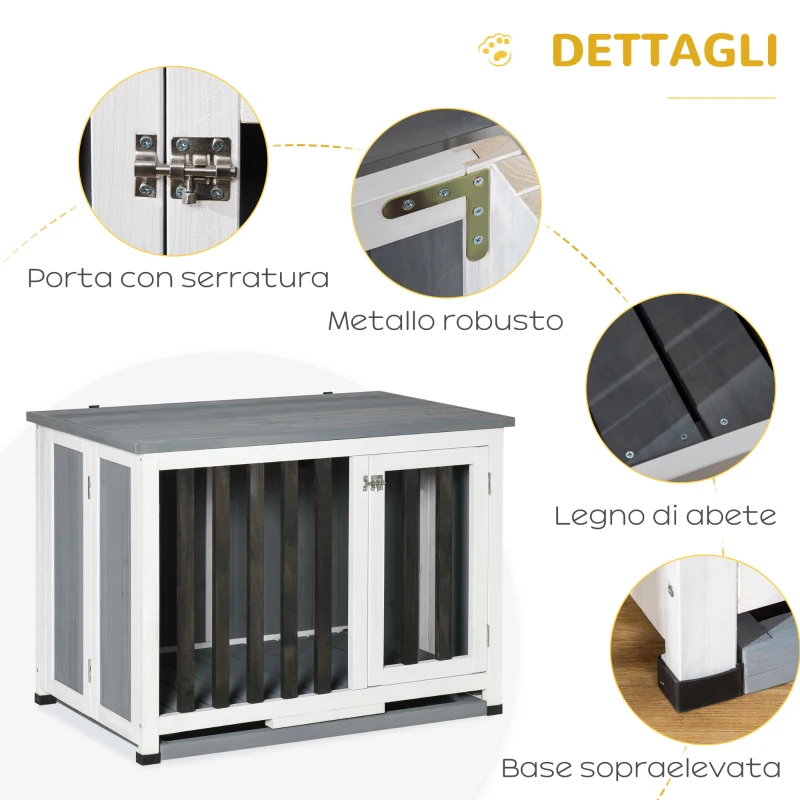 PawHut Gabbia Pieghevole per Cani Fino 15kg in Legno con Vassoio Estraibile e Tetto Apribile, Grigio