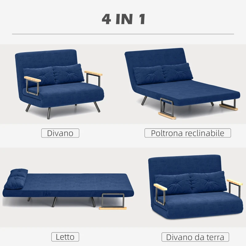 HOMCOM Divano Letto 3 in 1 in Tessuto Effetto Velluto con Schienale Regolabile e 2 Cuscini, 102x73x81 cm, Blu