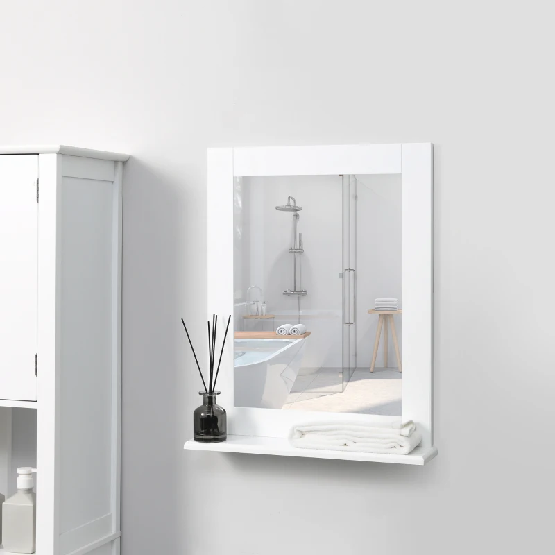 Kleankin Espejo de Baño Espejo de Pared Moderno con Estante de Almacenaje y Marco de Madera 50x11,5x60 cm Blanco