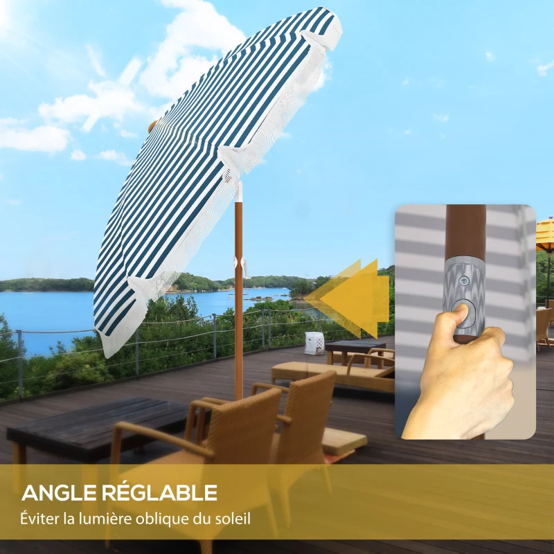 Outsunny Parasol inclinable rond Ø 213 cm avec franges polyester haute densité anti-UV mât démontable, vintage bleu et blanc