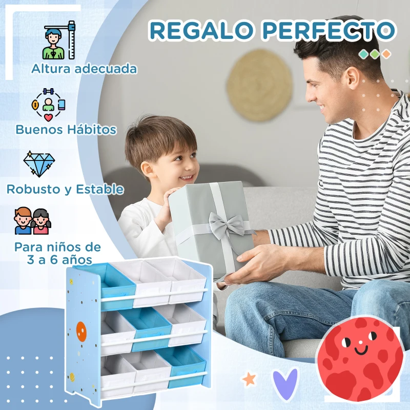 ZONEKIZ Organizador de Juguetes con 9 Cajas de Tela no Tejida Extraíbles para Dormitorio Guardería 63x30x60 cm Azul