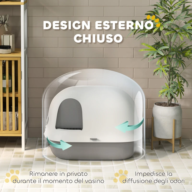 PawHut Lettiera per Gatti Chiusa con Gattaiola e Paletta, in PP, 58x46x39 cm, Grigio Chiaro e Bianco