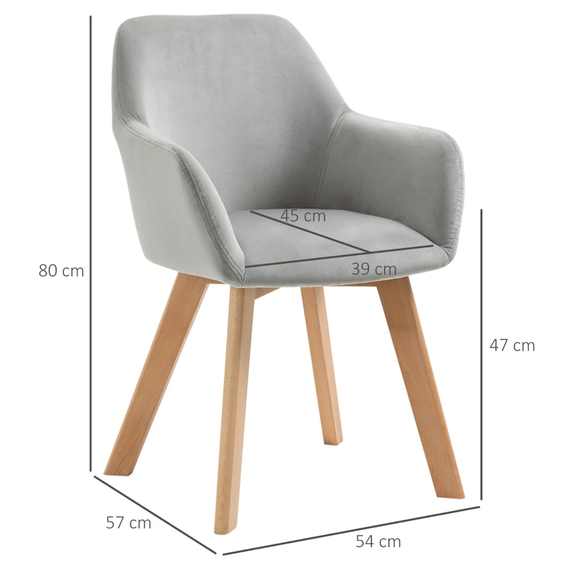 HOMCOM Juego de 2 Sillas de Comedor Modernas Tapizadas en Terciopelo con Patas de Madera para Salón 54x57x80 cm Gris(m-3)