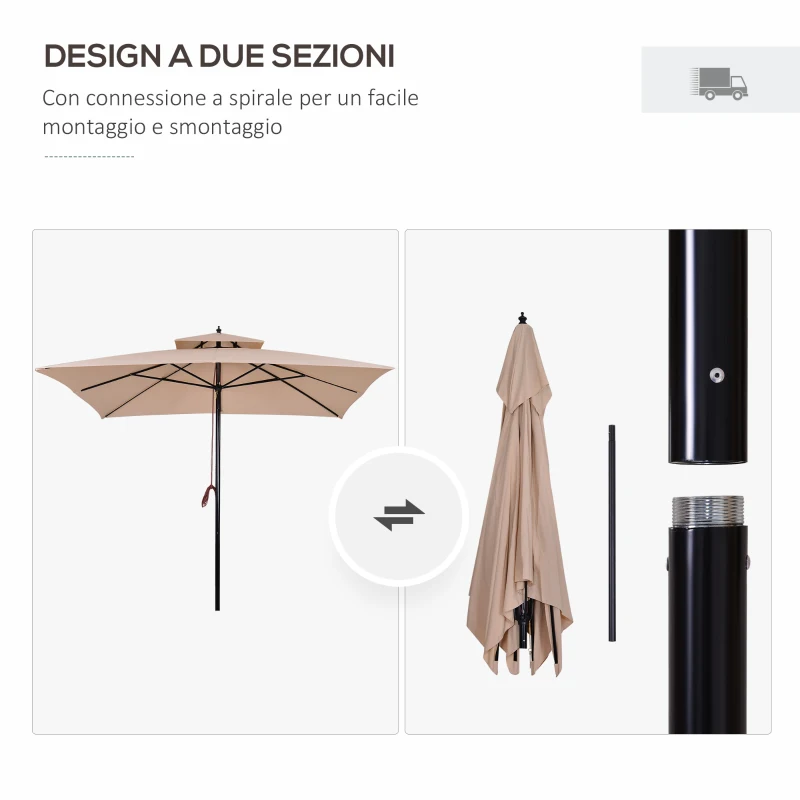 Outsunny Ombrellone da Giardino 3x3 m con Doppio Tetto in Poliestere, Palo e Stecche in Metallo, Beige e Nero