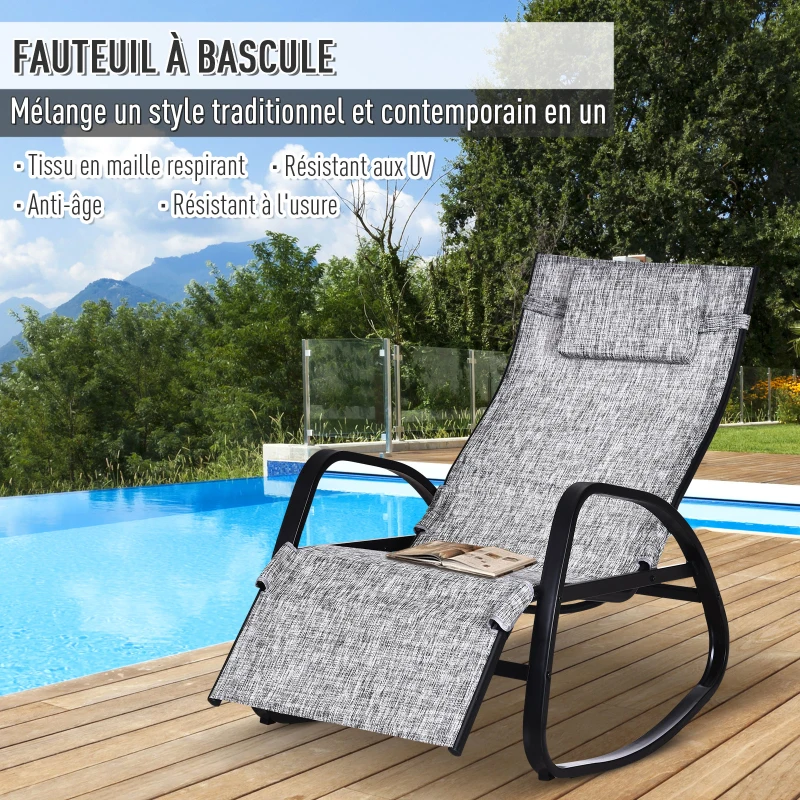 Outsunny Fauteuil à Bascule Dossier inclinable réglable Chaise Longue Pliable dim. 64L x 94l x 108H cm métal époxy Noir textilène Gris chiné