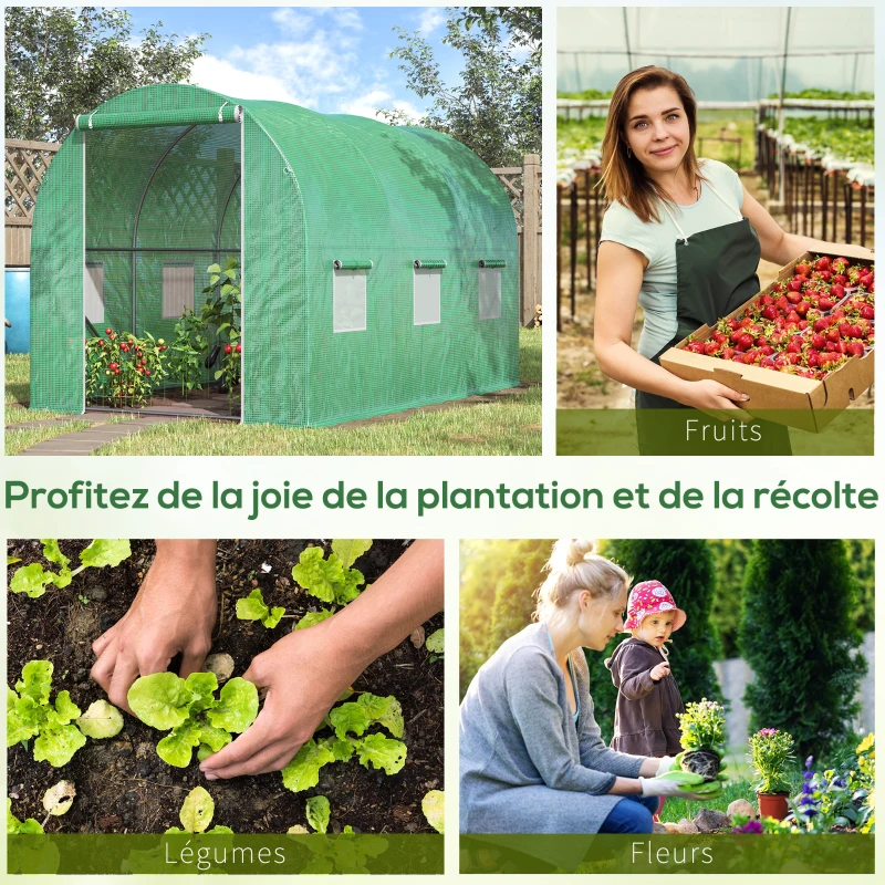 Outsunny Serre de Jardin Tunnel Surface Sol 6 m² 3L x 2l x 2H m châssis Tubulaire renforcé Porte zippée 6 fenêtres enroulables Vert