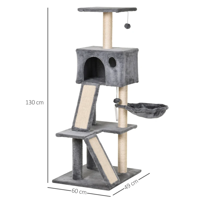 PawHut Arbre à chats multi-équipements griffoirs grattoirs plateformes rampes niche hamac jouets suspendus dim. 60L x 49l x 130H cm gris