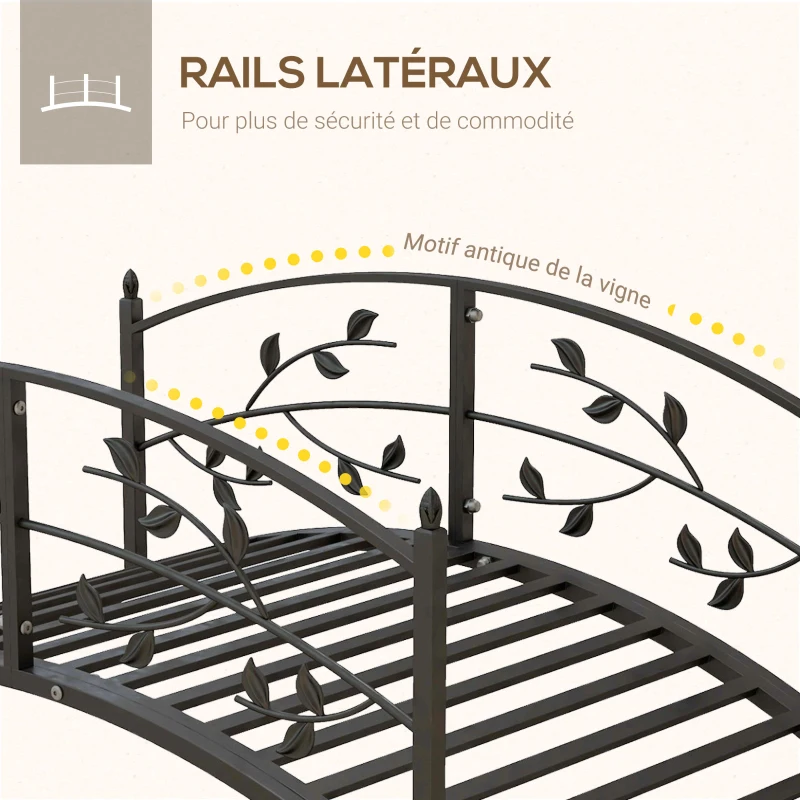 Outsunny Pont de jardin pont de bassin décoration du jardin dim. 119L x 67l x 47H cm avec balustrade motif de vigne acier noir