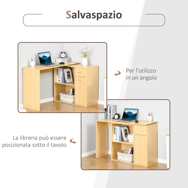 HOMCOM Scrivania Moderna per Computer Girevole con 2 Ripiani e 2 Cassetti, Tavolo da Pranzo in Truciolato, 117x82x74 cm, color Rovere e Legno