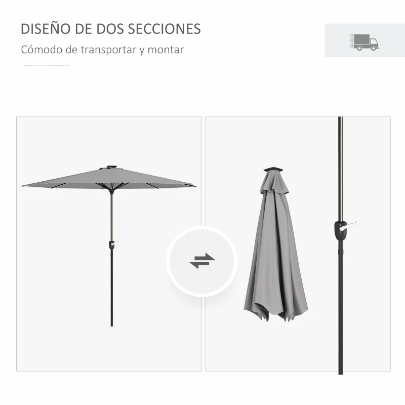 Outsunny Sombrilla de Jardín con Luces LED Solares Ø265x240 cm con Manivela Manual para Terraza Piscina Patio Gris Claro