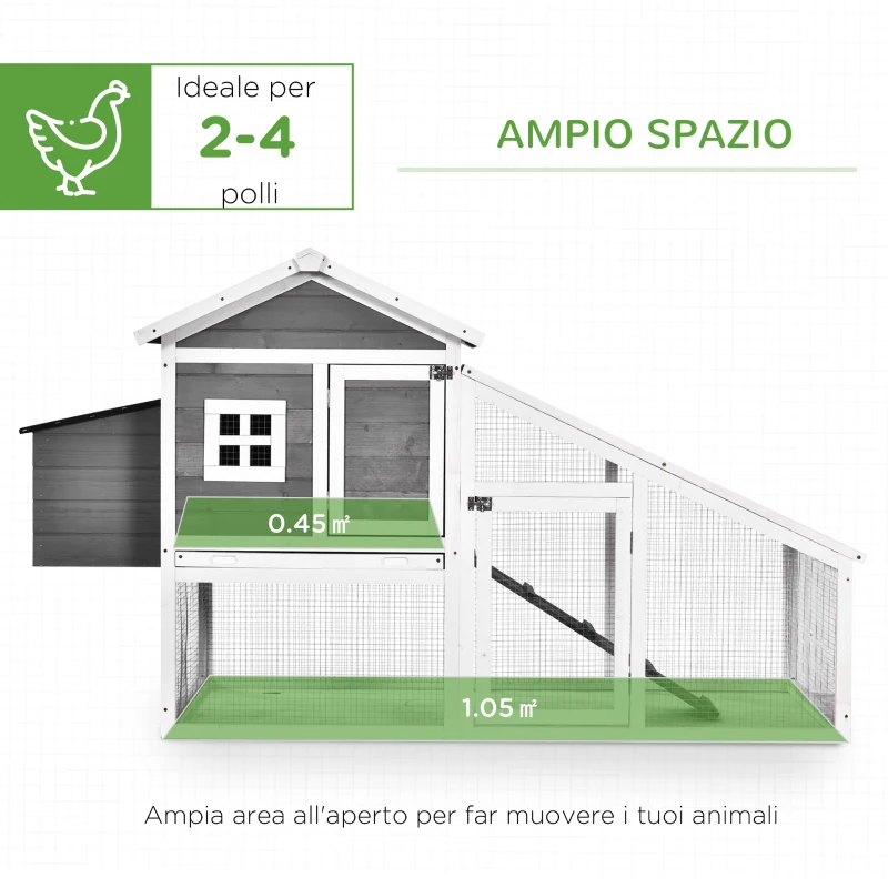 PawHut Pollaio da Giardino Prefabbricato in Legno con Tetto Impermeabile, 175.4x95.5x100cm - Grigio