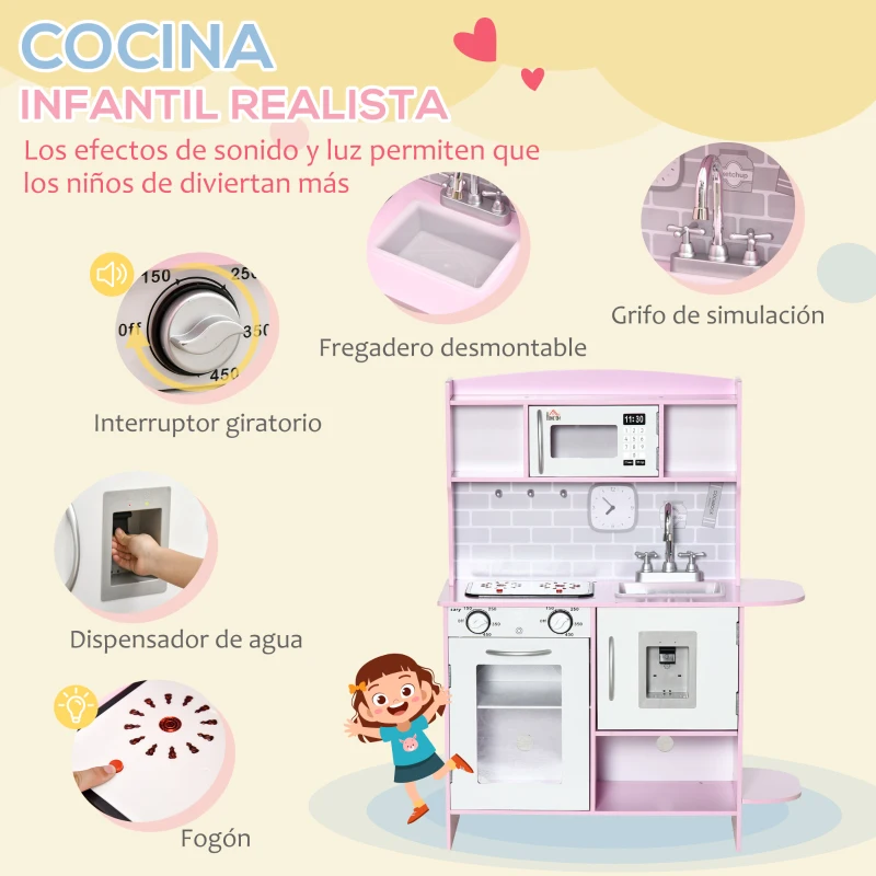 HOMCOM Cocina de Juguete de Madera para Niños de +3 Años Cocinita de Juguete con Luz y Sonidos 70x29x90 cm Rosa