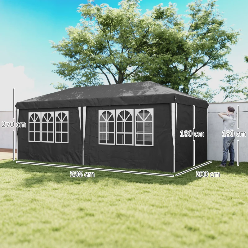 Outsunny Gazebo 3x6 m per 12-18 Persone ad Altezza Regolabile con Fori di Drenaggio, in Metallo e Tessuto Oxford Grigio